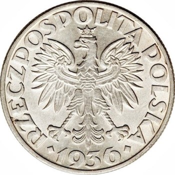 Awers monety 5-złotowej z 1936 roku "Żaglowiec"